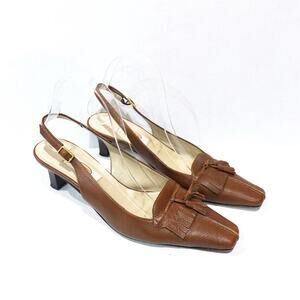 Talbots Eloise Pecan Brown Leather Square Toe Slingback Kitten Heel Size 8 Vtg
